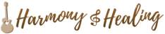 Harmony & Healing logo with acoustic guitar and musical note in gold script lettering